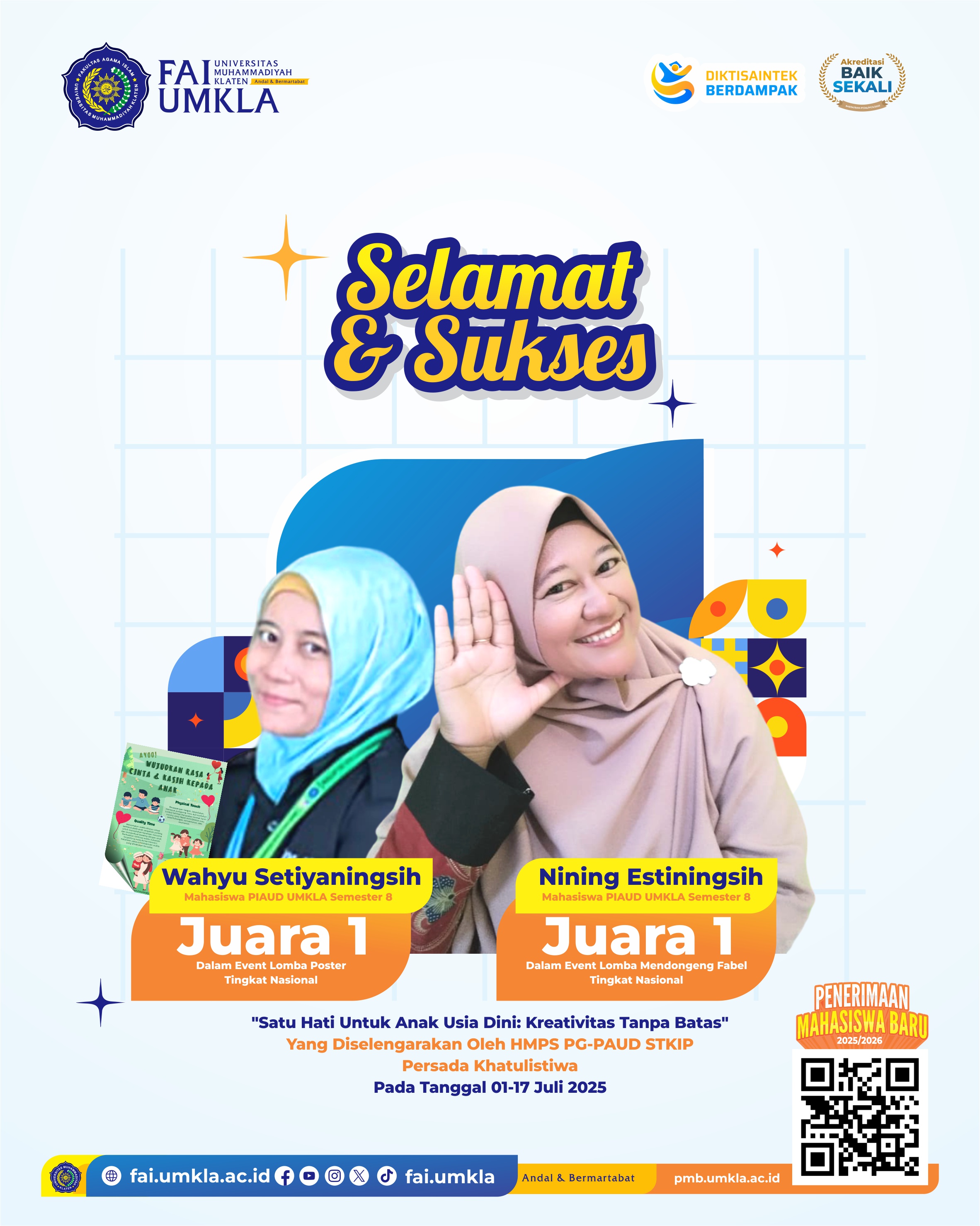 FAI UMKLA Gemilang! Dua Mahasiswa PIAUD Sabet Juara Nasional di Lomba Kreativitas Anak Usia Dini